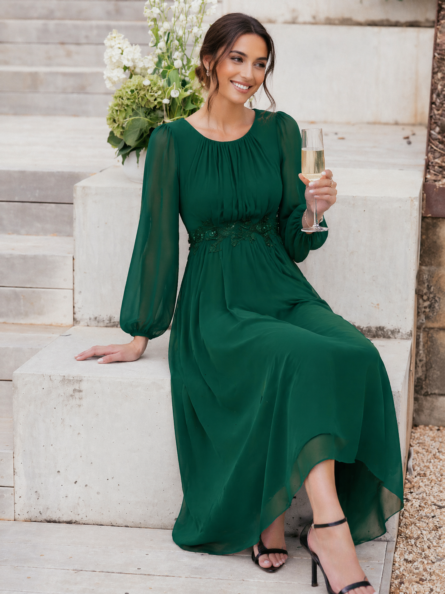 Chiffon Puff Sleeve A-Line Evening Dress #color_Dark Green