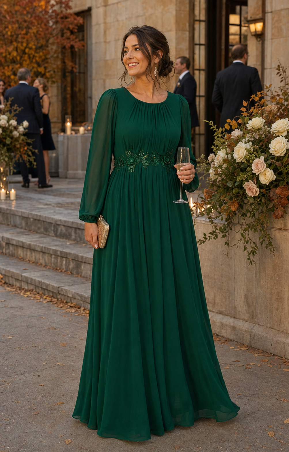 Chiffon Puff Sleeve A-Line Evening Dress #color_Dark Green