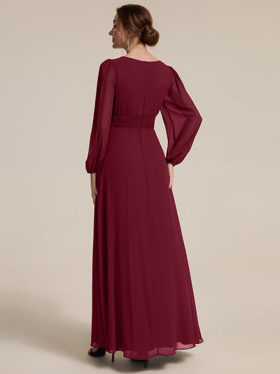Chiffon Puff Sleeve A-Line Evening Dress #color_Burgundy