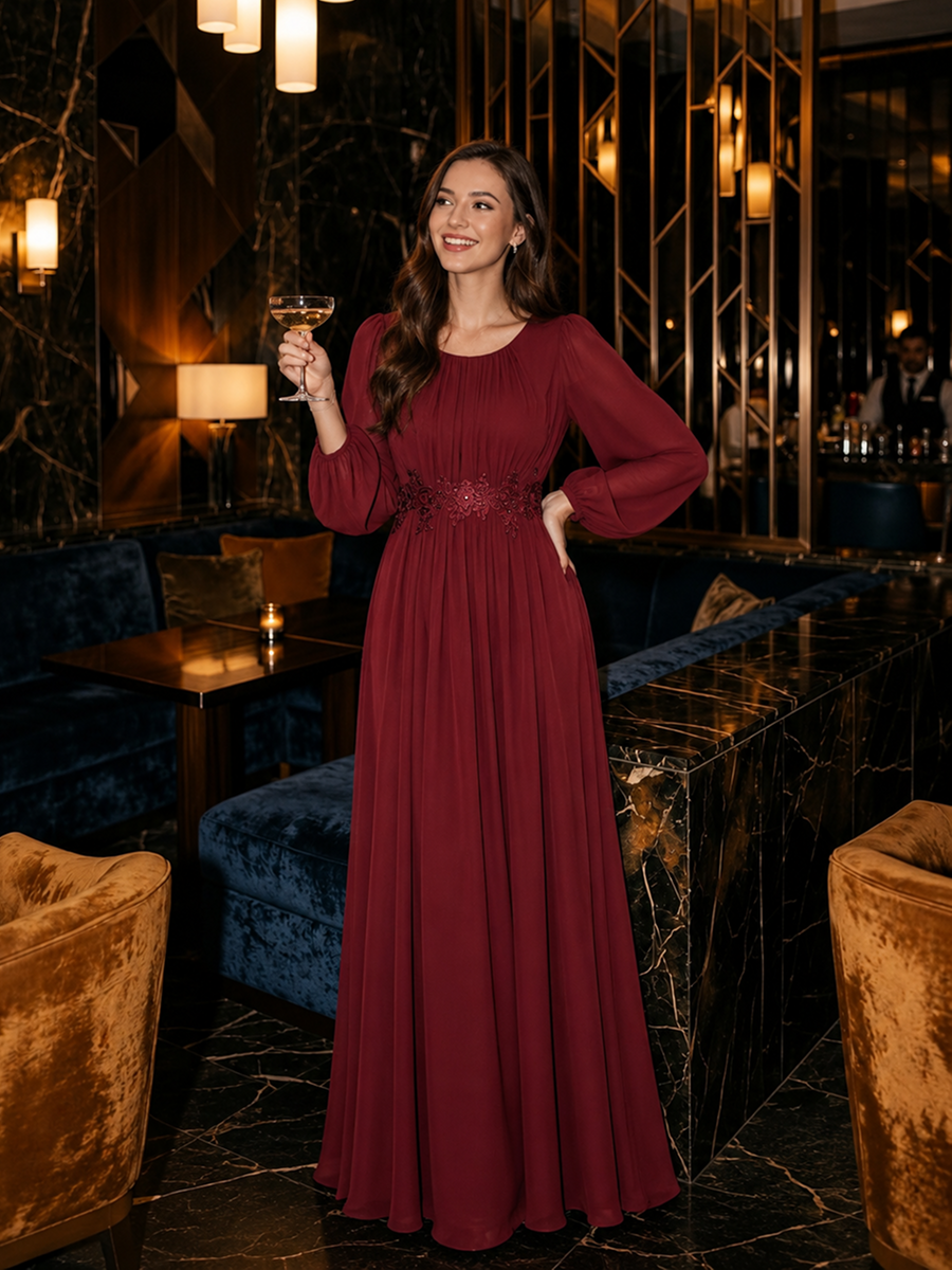 Chiffon Puff Sleeve A-Line Evening Dress #color_Burgundy