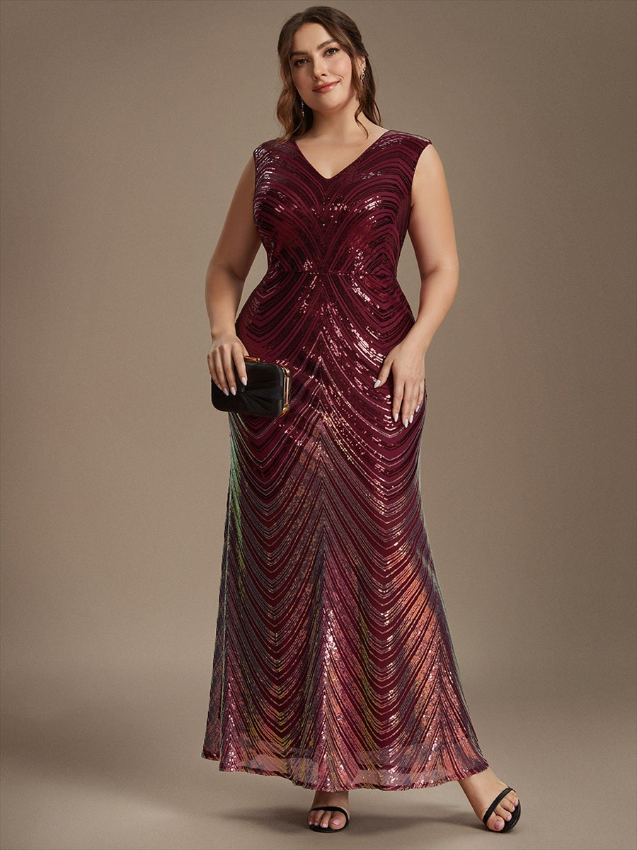 Sequin Mermaid Cap Sleeve Evening Dress #color_Burgundy