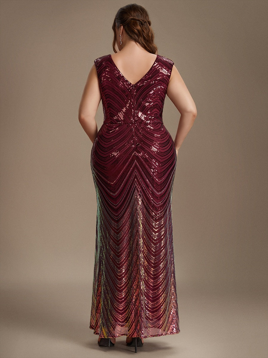 Sequin Mermaid Cap Sleeve Evening Dress #color_Burgundy