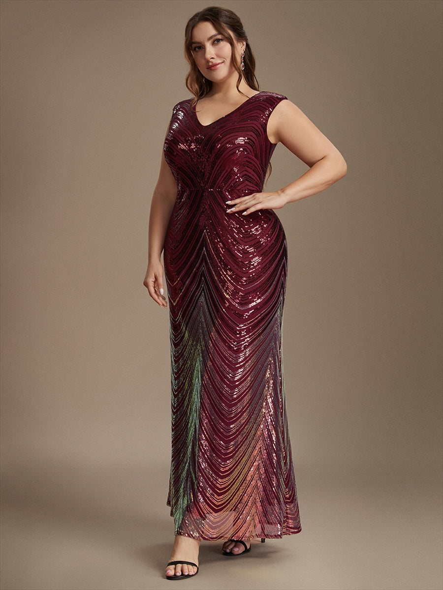 Sequin Mermaid Cap Sleeve Evening Dress #color_Burgundy