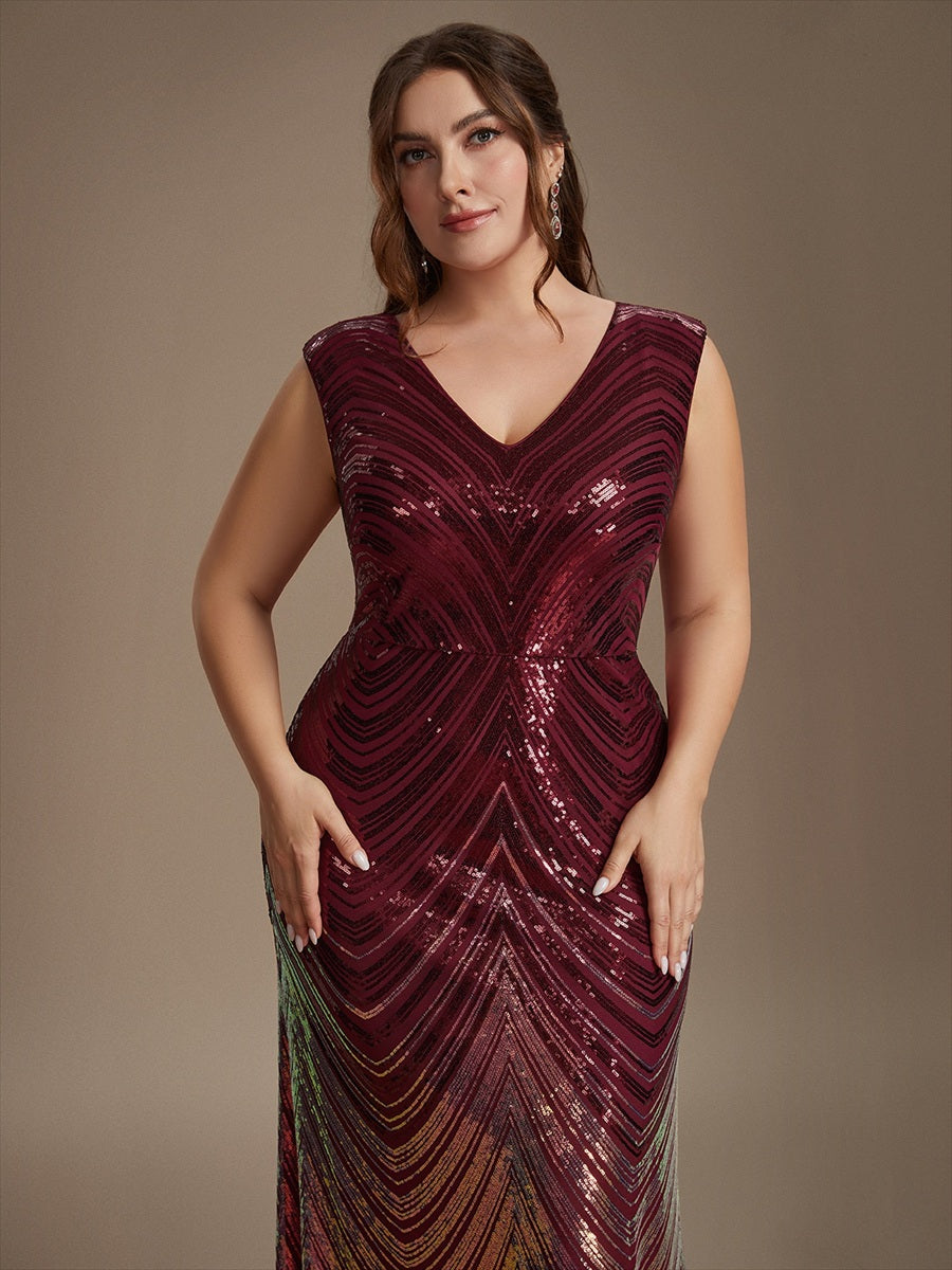 Sequin Mermaid Cap Sleeve Evening Dress #color_Burgundy