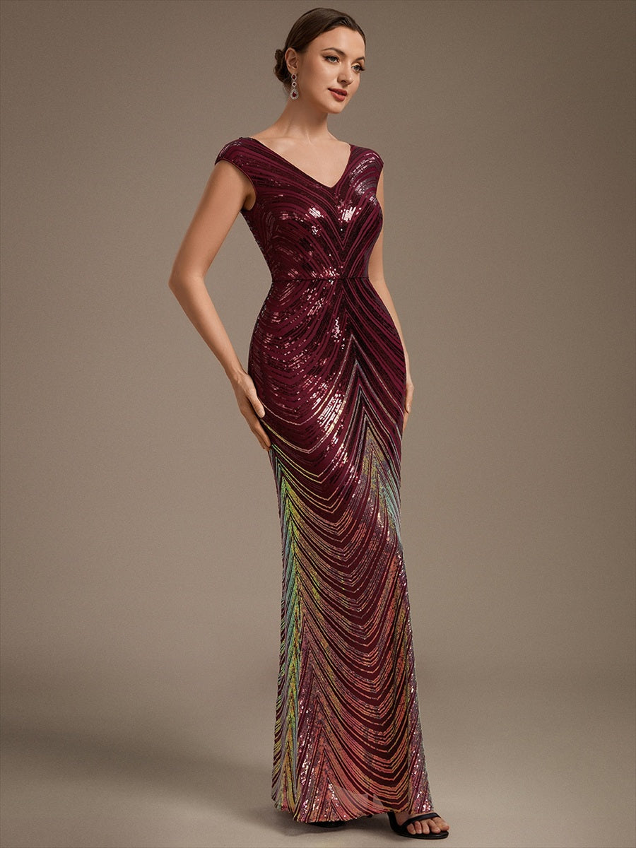 Sequin Mermaid Cap Sleeve Evening Dress #color_Burgundy
