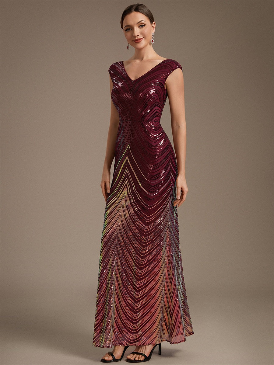 Sequin Mermaid Cap Sleeve Evening Dress #color_Burgundy