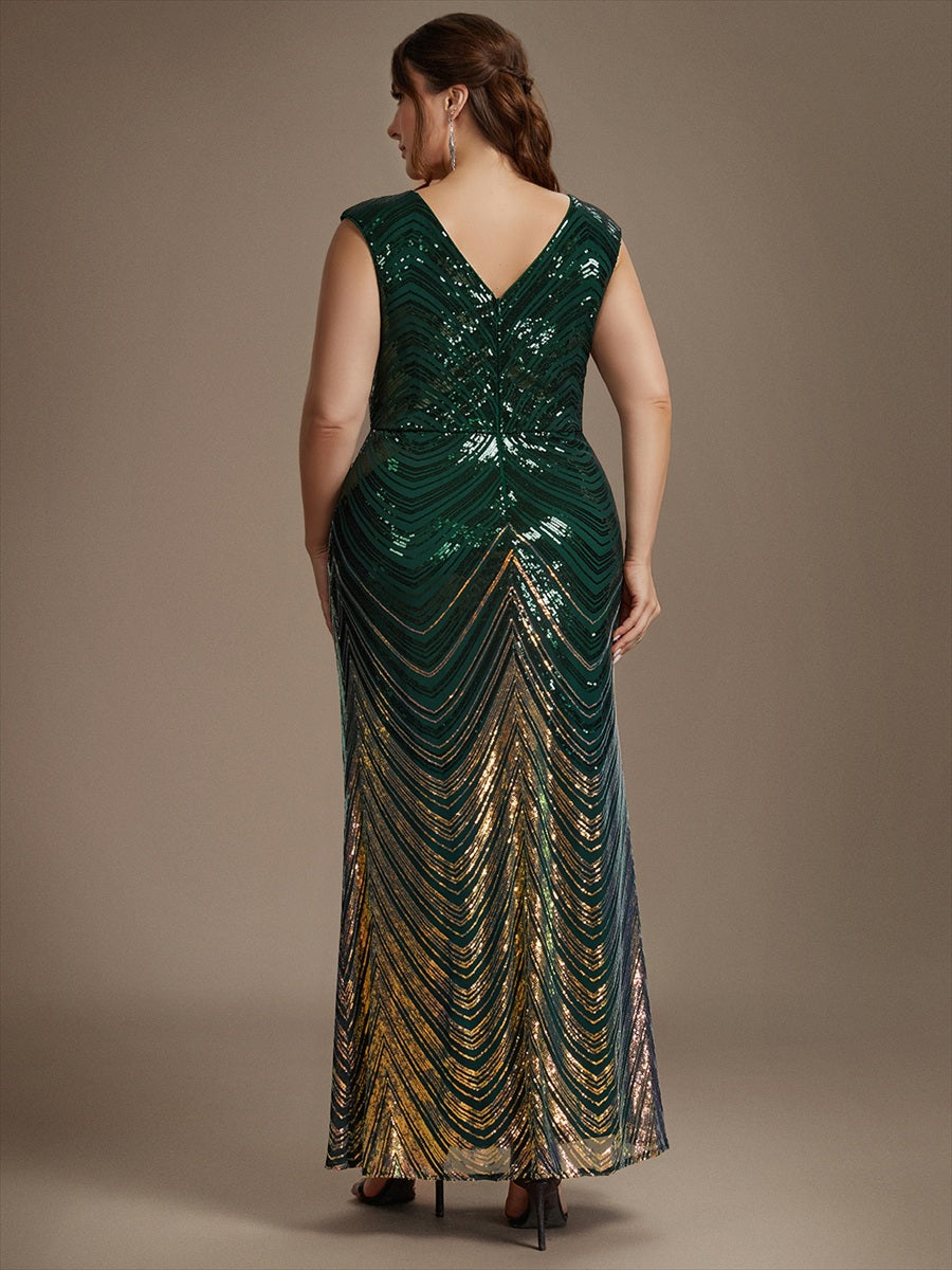 Sequin Mermaid Cap Sleeve Evening Dress #color_Dark Green