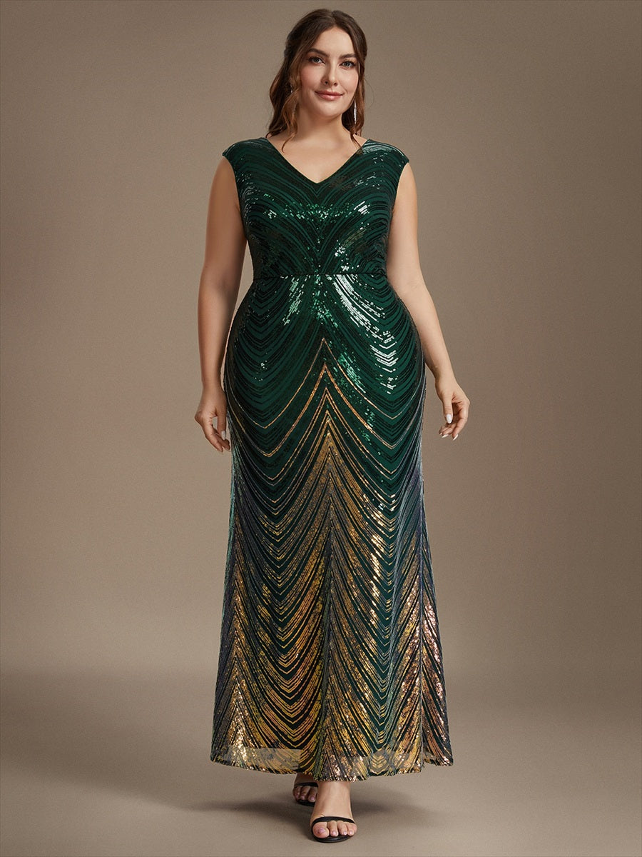 Sequin Mermaid Cap Sleeve Evening Dress #color_Dark Green
