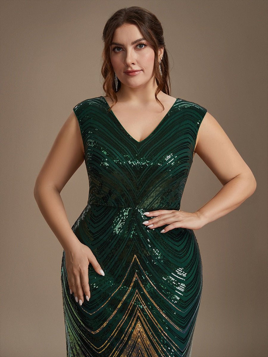 Sequin Mermaid Cap Sleeve Evening Dress #color_Dark Green
