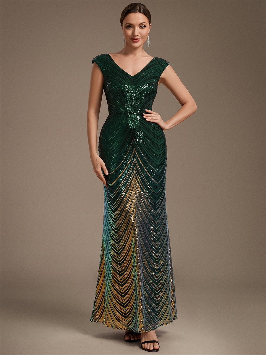 Sequin Mermaid Cap Sleeve Evening Dress #color_Dark Green
