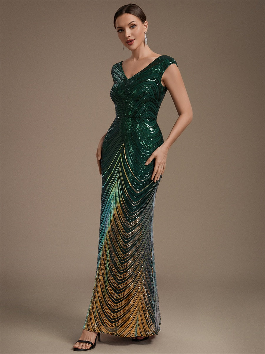 Sequin Mermaid Cap Sleeve Evening Dress #color_Dark Green