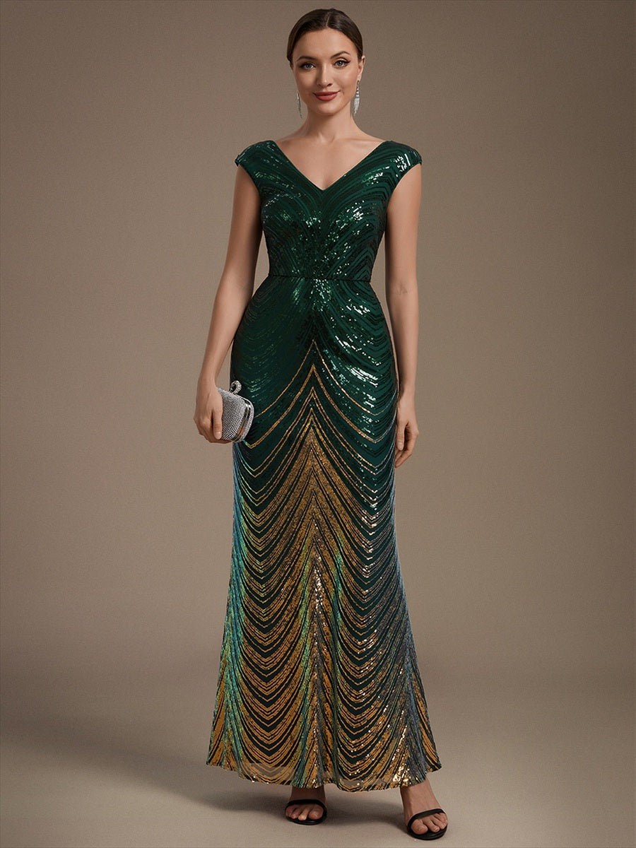 Sequin Mermaid Cap Sleeve Evening Dress #color_Dark Green
