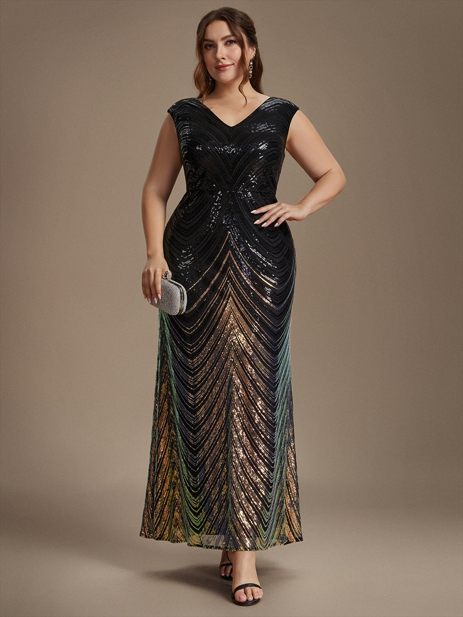 Sequin Mermaid Cap Sleeve Evening Dress #color_Black & Gold