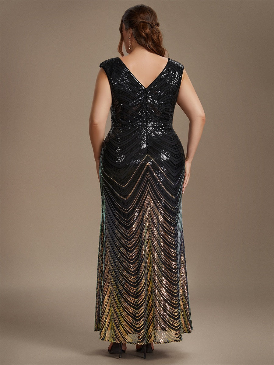 Sequin Mermaid Cap Sleeve Evening Dress #color_Black & Gold