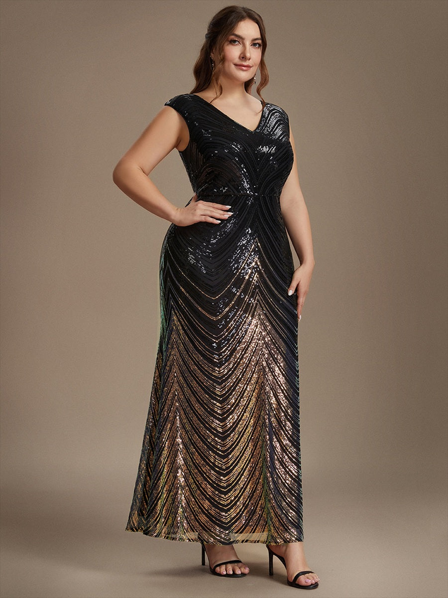 Sequin Mermaid Cap Sleeve Evening Dress #color_Black & Gold