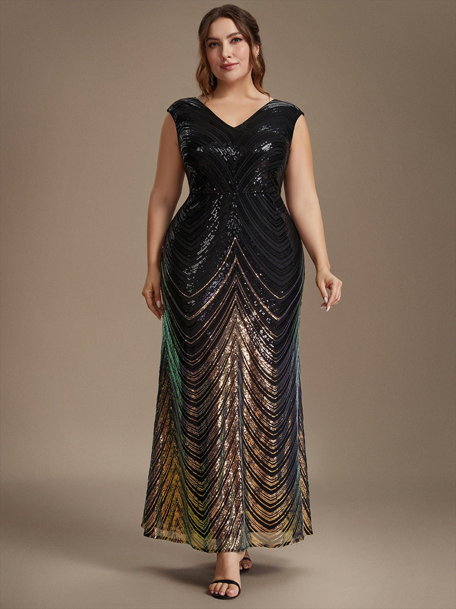 Sequin Mermaid Cap Sleeve Evening Dress #color_Black & Gold