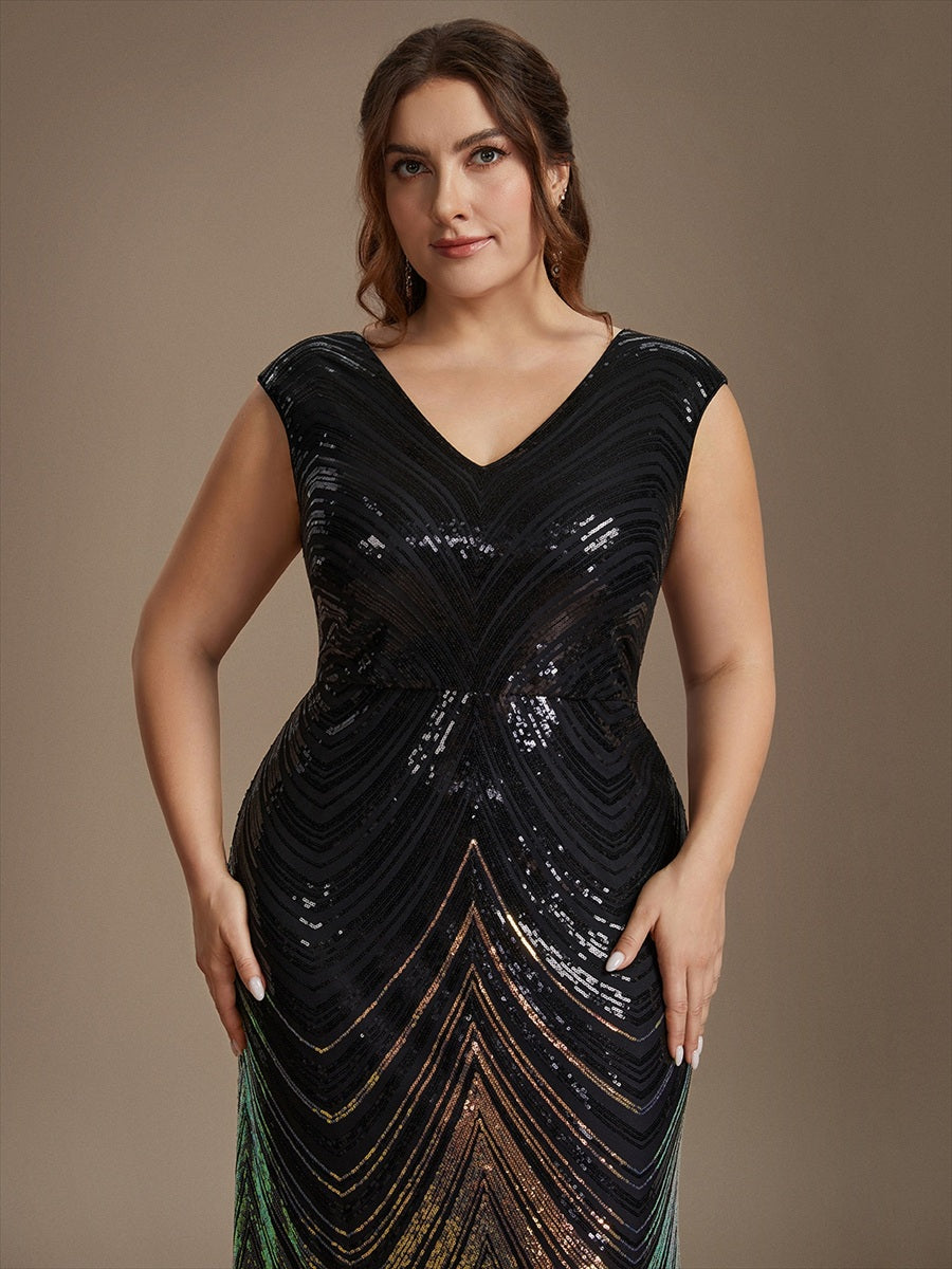 Sequin Mermaid Cap Sleeve Evening Dress #color_Black & Gold