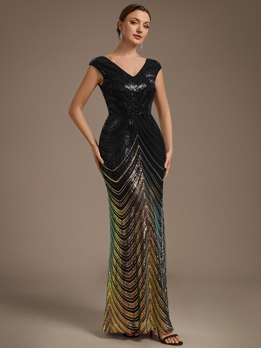Sequin Mermaid Cap Sleeve Evening Dress #color_Black & Gold