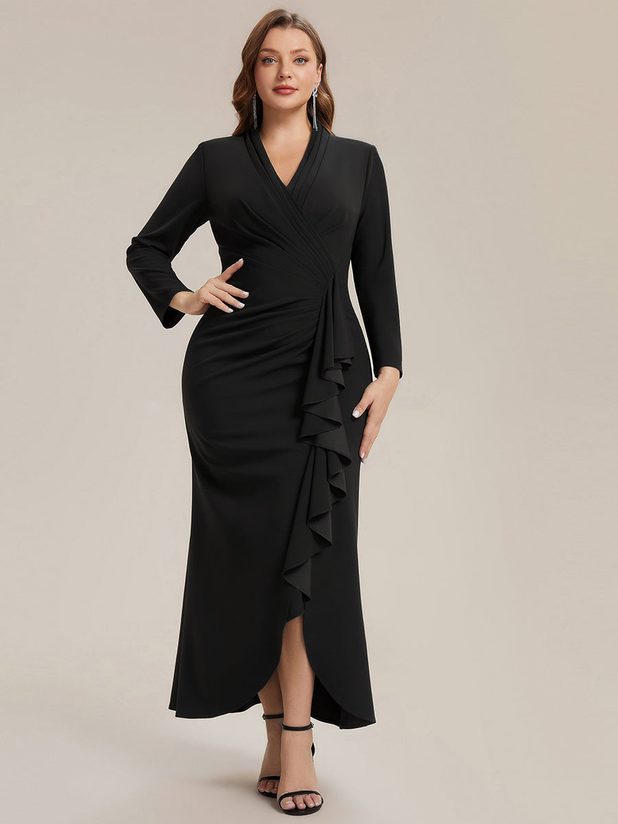 Ruffle Crepe Fitted Sleeve Evening Dress #color_Black