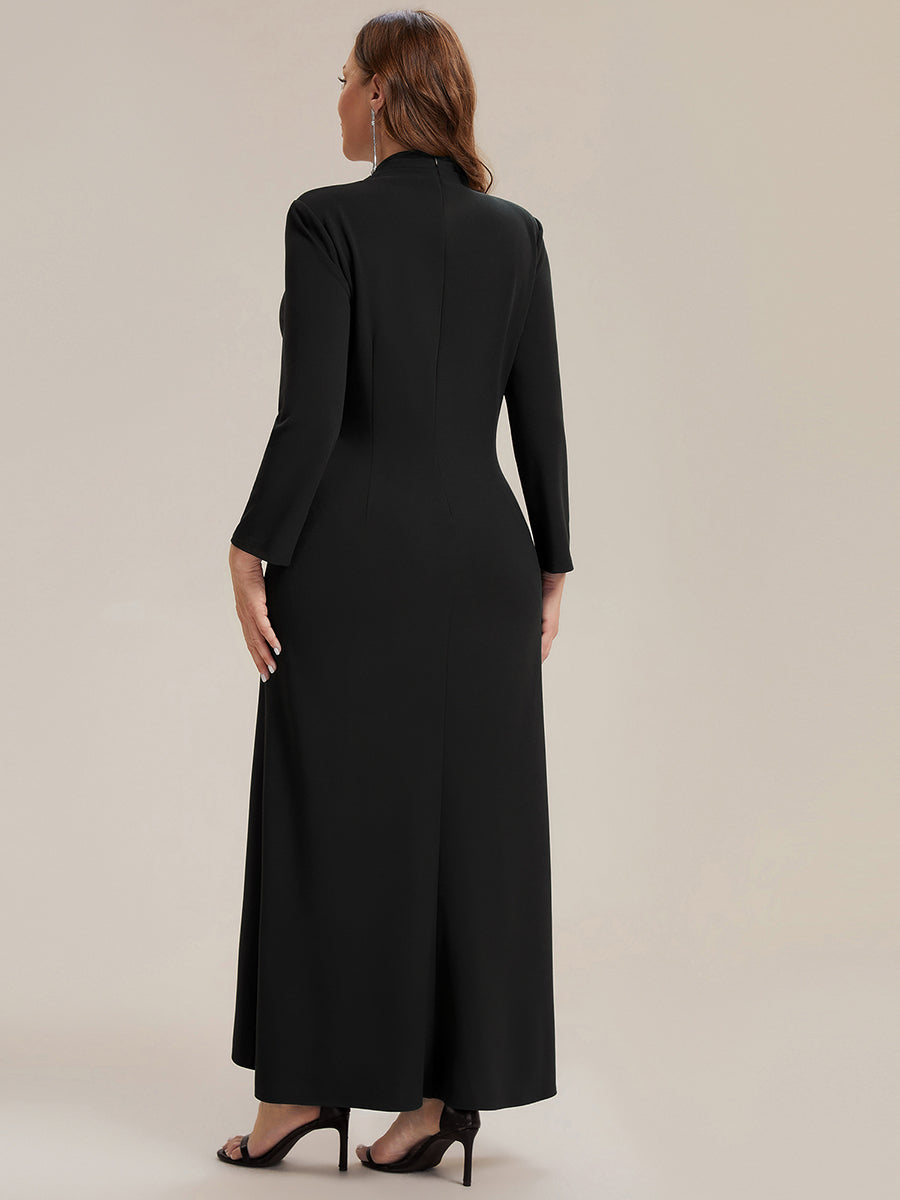 Plus Size Long Sleeve Slit Crepe Evening Dress #color_Black