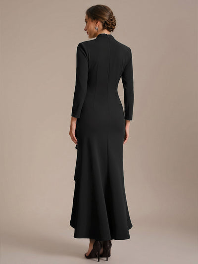 Ruffle Crepe Fitted Sleeve Evening Dress #color_Black