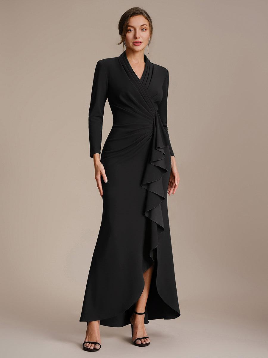 Ruffle Crepe Fitted Sleeve Evening Dress #color_Black