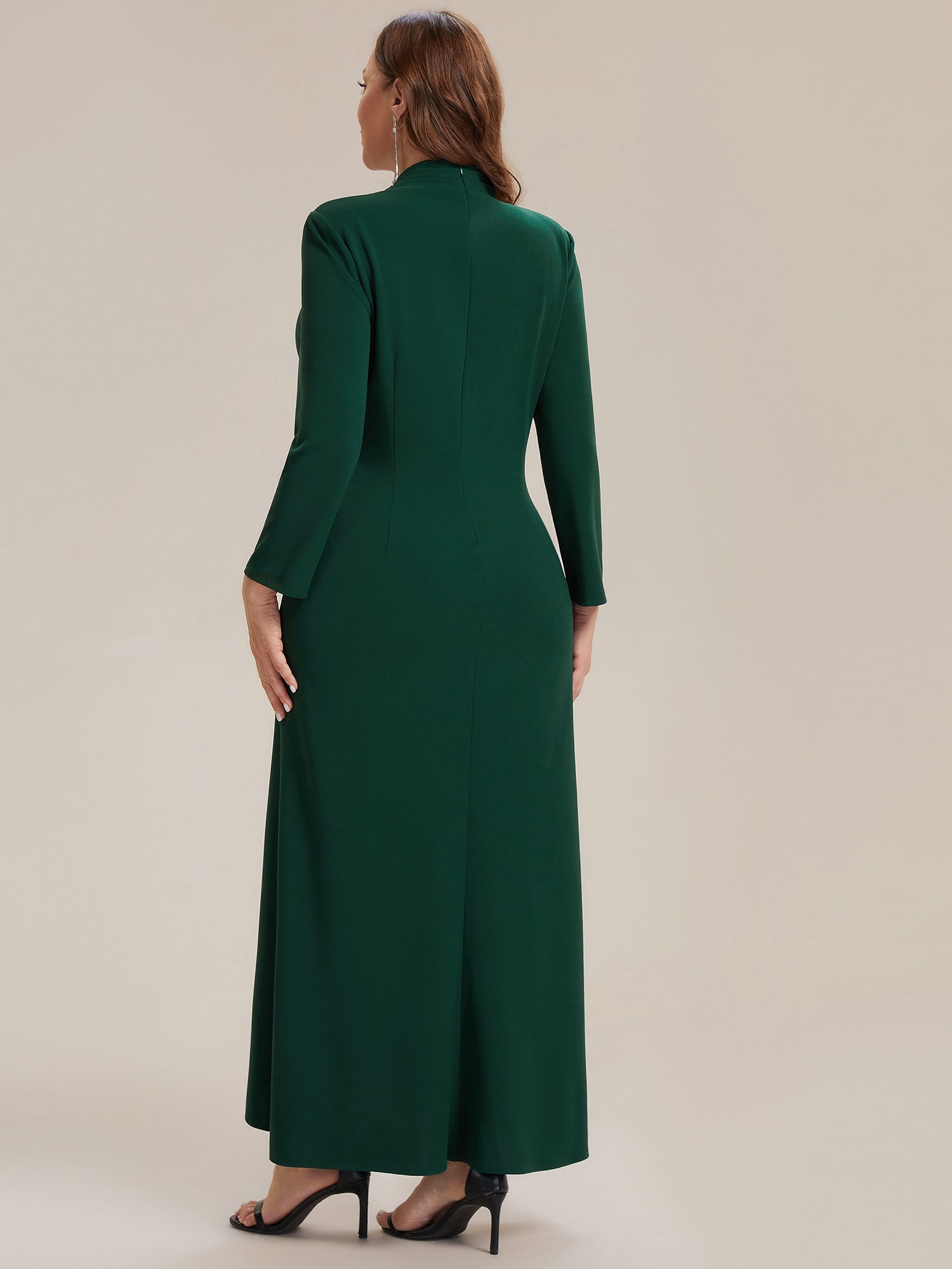 Plus Size Long Sleeve Slit Crepe Evening Dress #color_Dark Green
