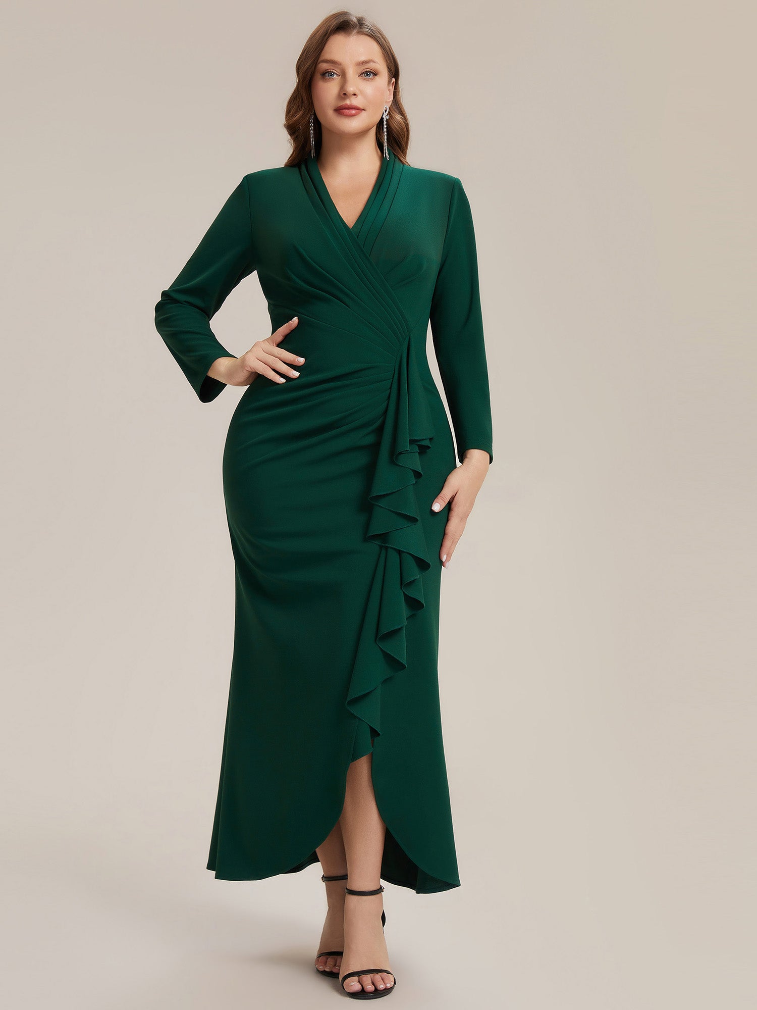 Plus Size Long Sleeve Slit Crepe Evening Dress #color_Dark Green