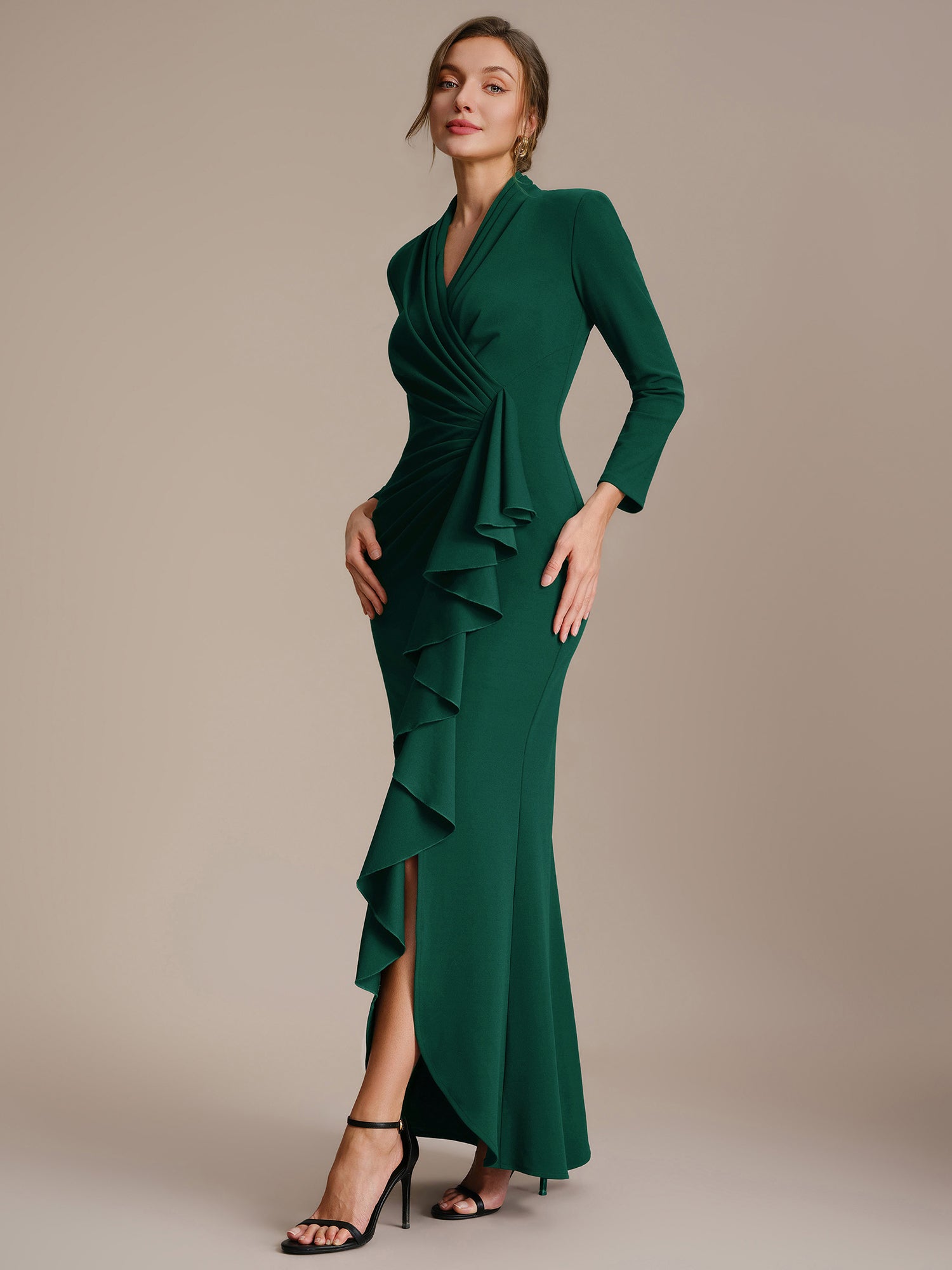 Ruffle Crepe Fitted Sleeve Evening Dress #color_Dark Green