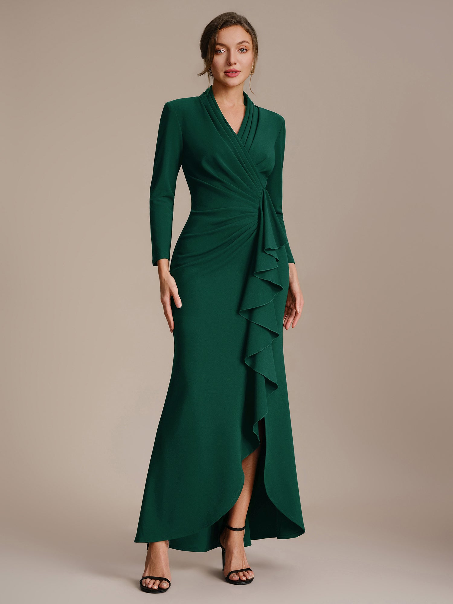 Ruffle Crepe Fitted Sleeve Evening Dress #color_Dark Green