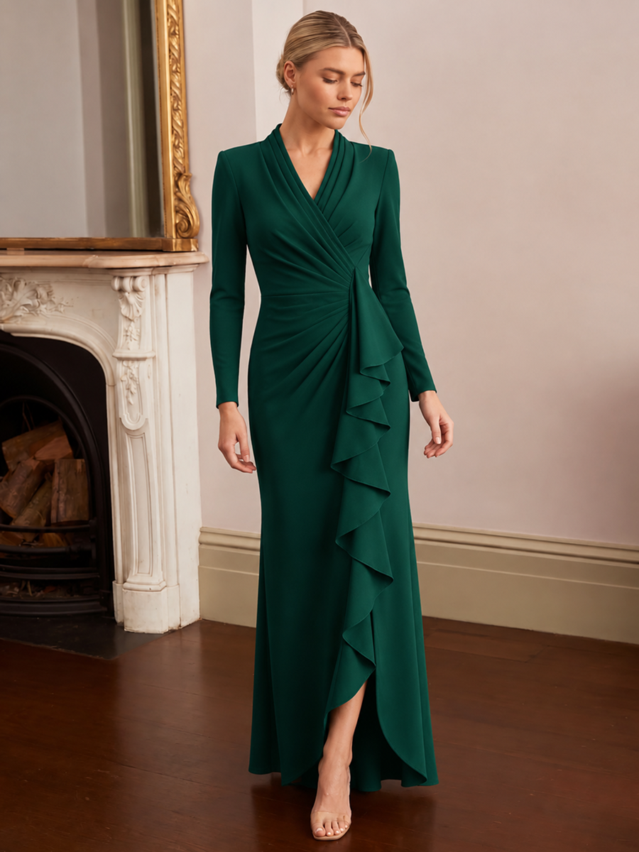 Ruffle Crepe Fitted Sleeve Evening Dress #color_Dark Green