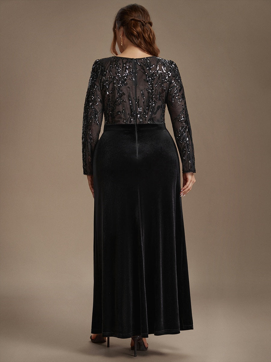 Plus Size Slit Velvet Evening Dress #color_Black