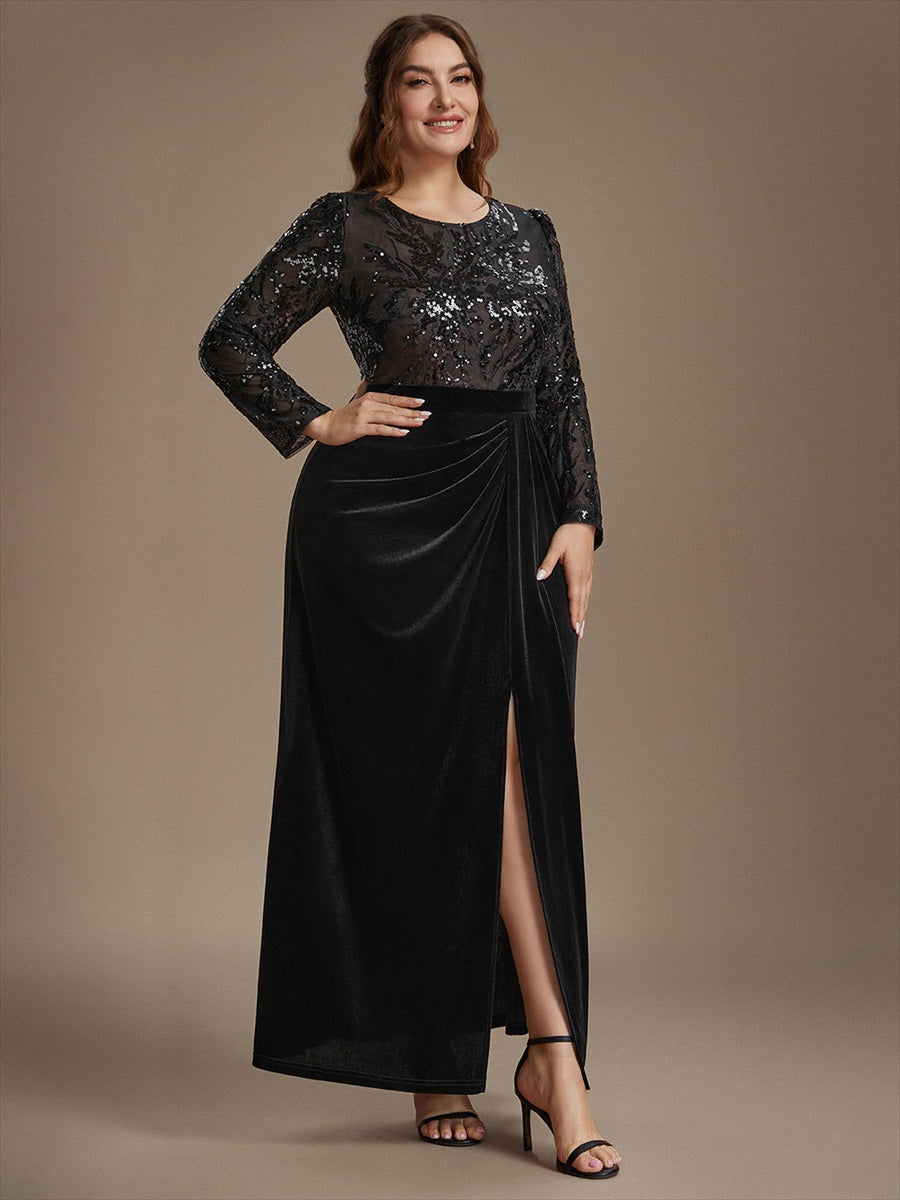 See-through Velvet Fitted Sleeve Evening Dress #color_Black