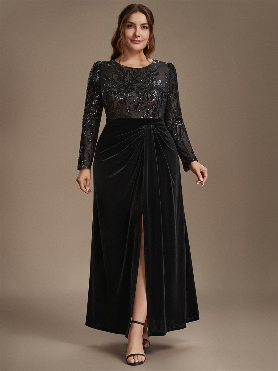 See-through Velvet Fitted Sleeve Evening Dress #color_Black