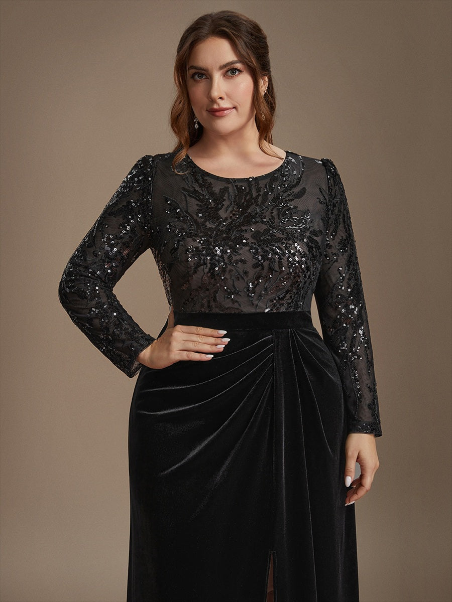 Plus Size Slit Velvet Evening Dress #color_Black