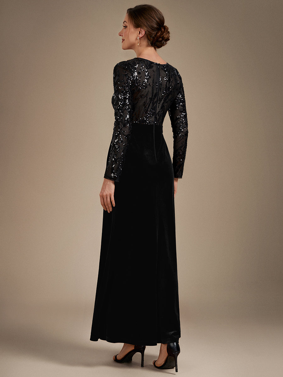See-through Velvet Fitted Sleeve Evening Dress #color_Black