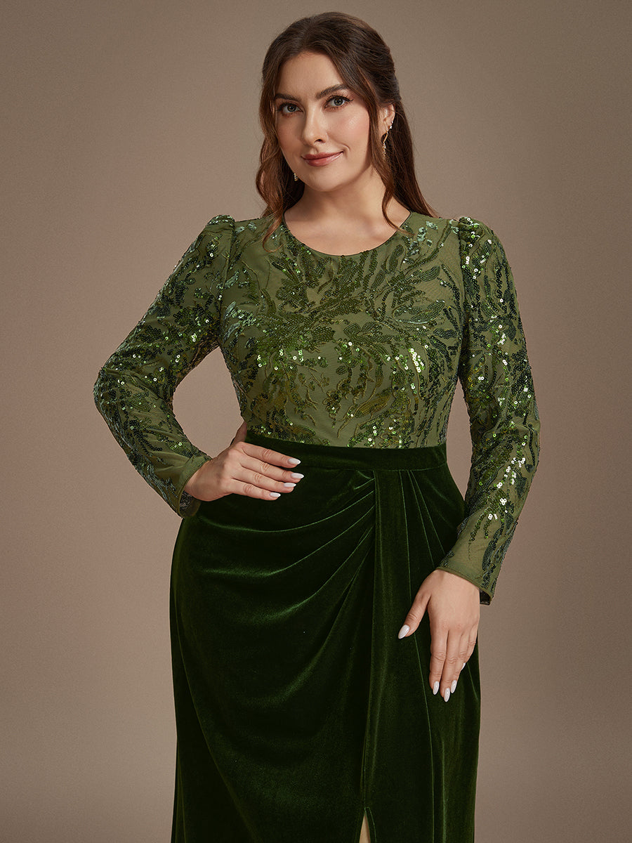 See-through Velvet Fitted Sleeve Evening Dress #color_Olive Green