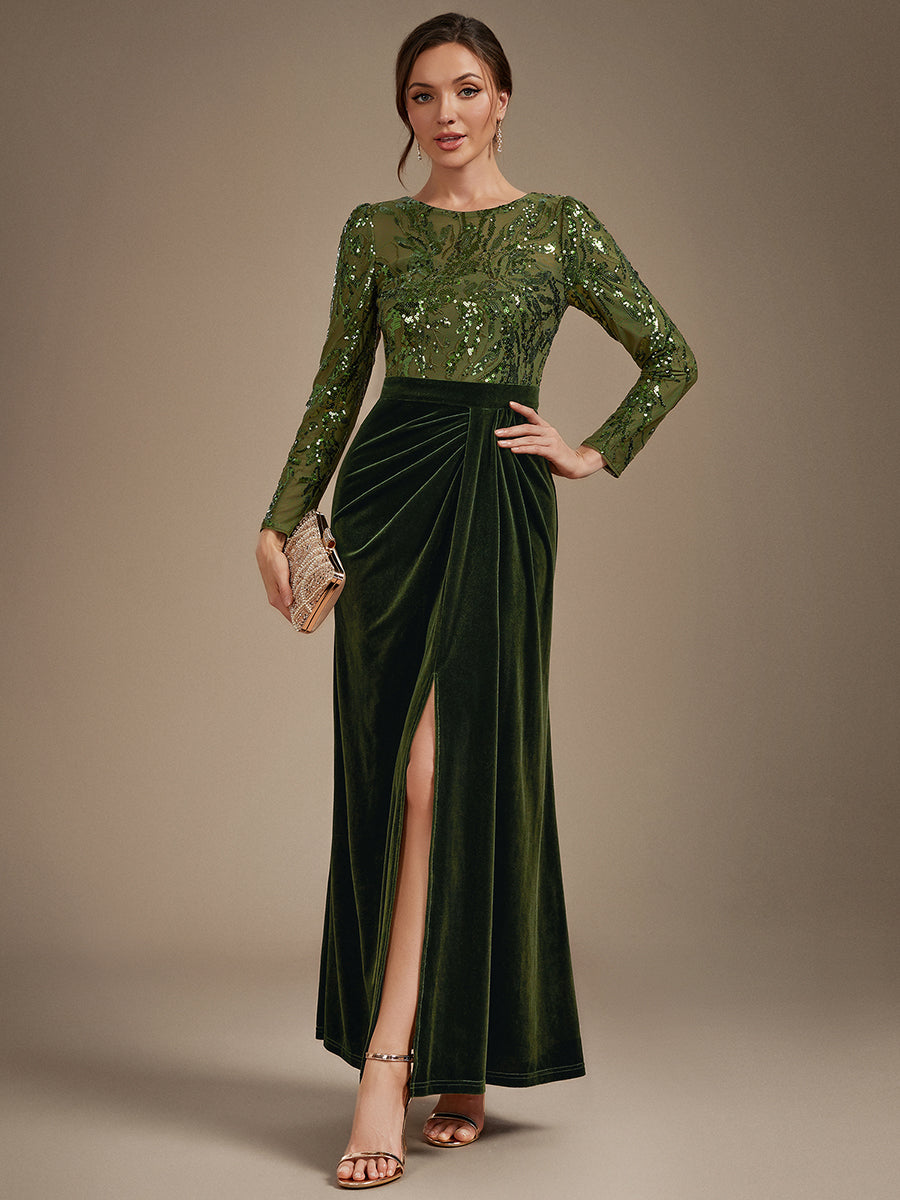 See-through Velvet Fitted Sleeve Evening Dress #color_Olive Green