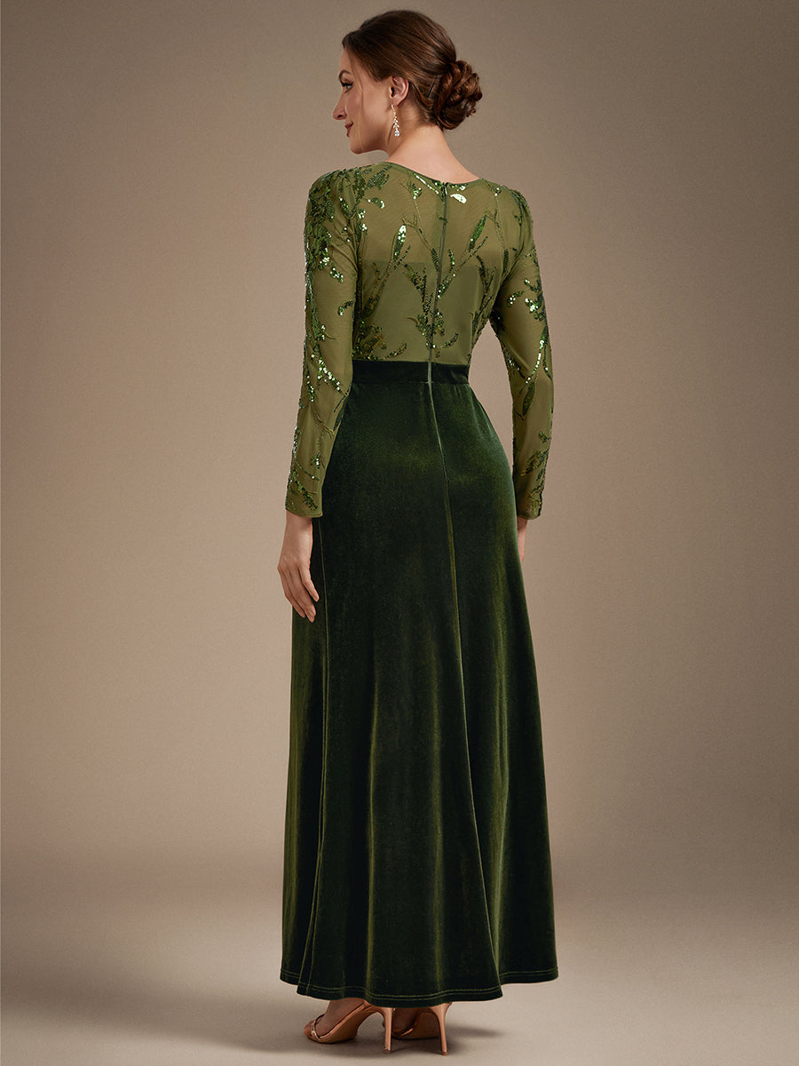 See-through Velvet Fitted Sleeve Evening Dress #color_Olive Green