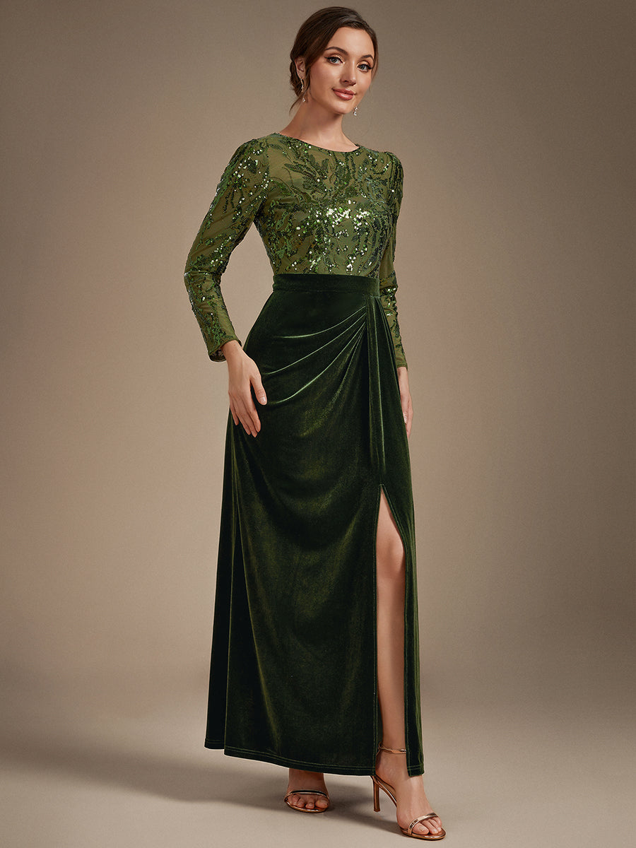 See-through Velvet Fitted Sleeve Evening Dress #color_Olive Green
