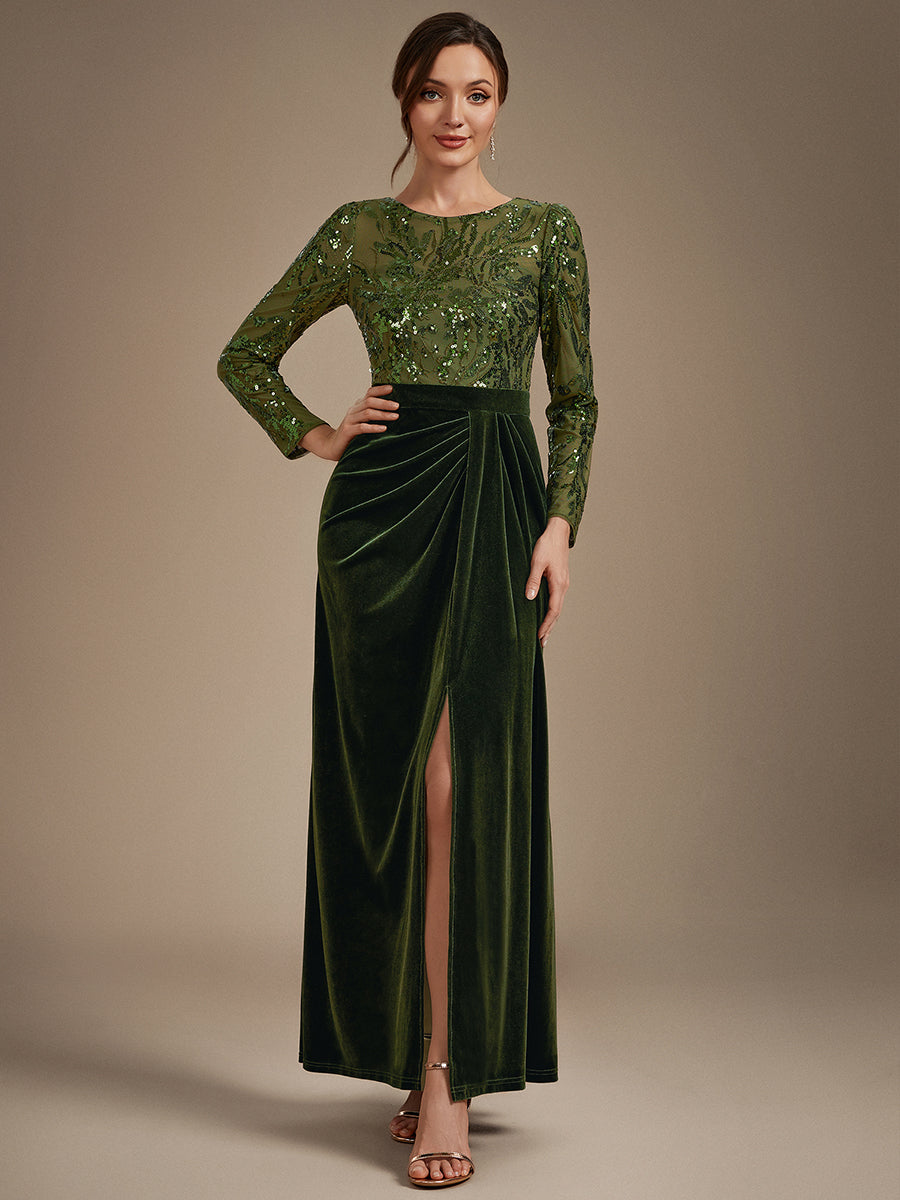 See-through Velvet Fitted Sleeve Evening Dress #color_Olive Green