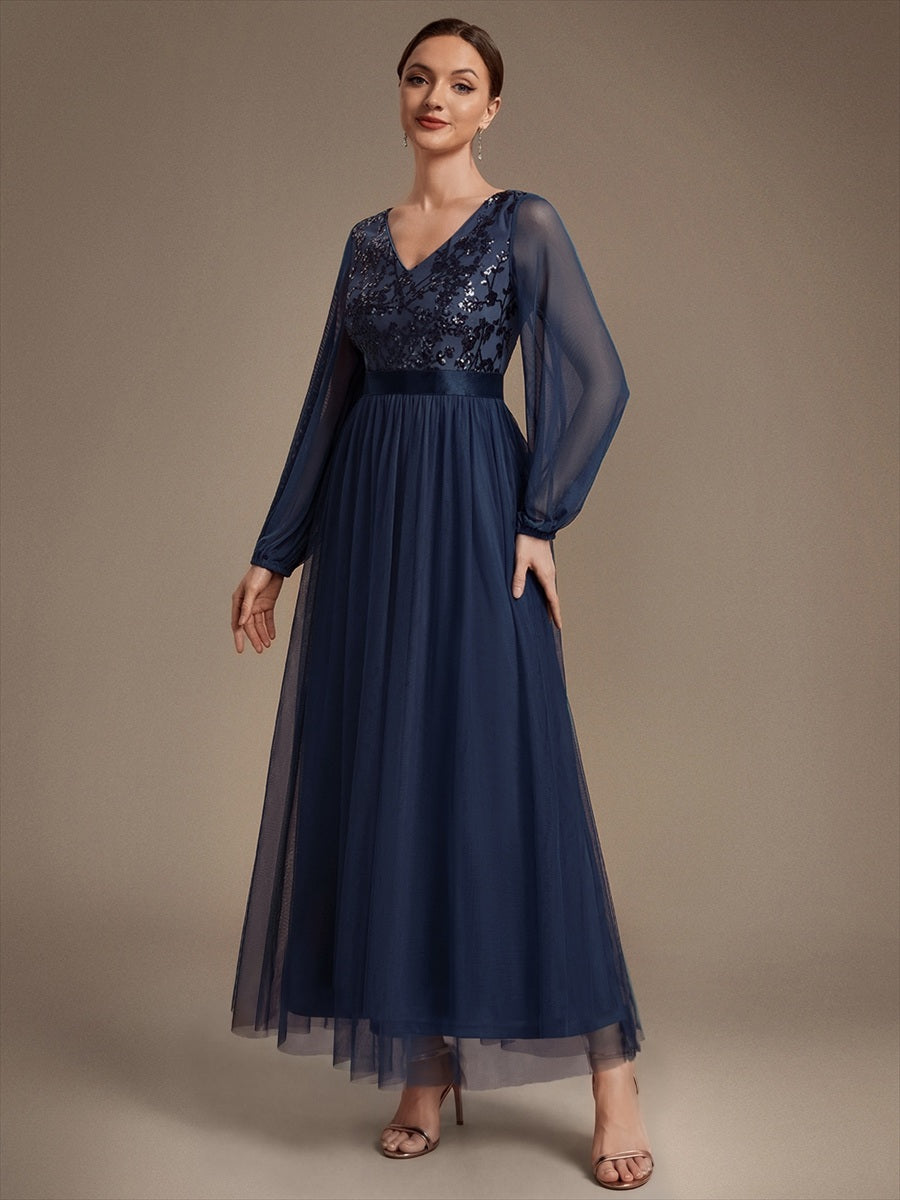Sequin Puff Long Sleeve Evening Dress #color_Navy Blue