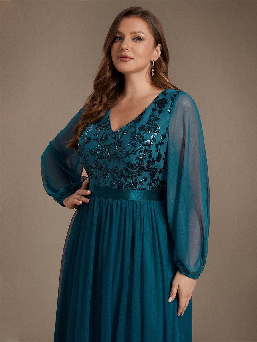 Sequin Puff Long Sleeve Evening Dress #color_Teal