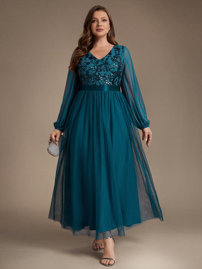 Plus Size Sequin Puff Long Sleeve Evening Dress