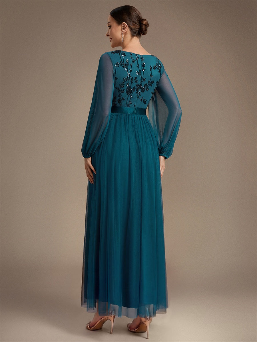Sequin Puff Long Sleeve Evening Dress #color_Teal
