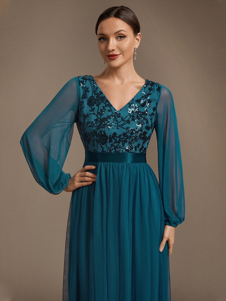 Sequin Puff Long Sleeve Evening Dress #color_Teal