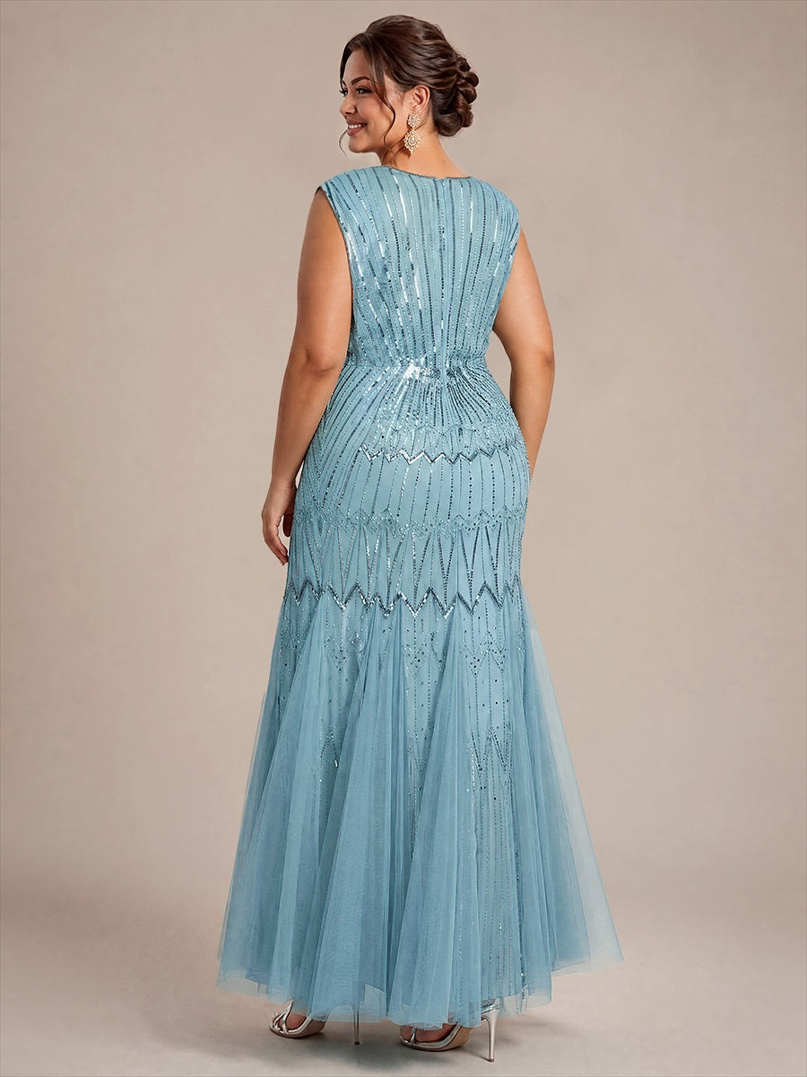 Plus Size Beaded Sequin Sleeveless Maxi Evening Dress #color_Sky Blue