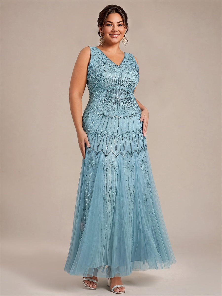 Plus Size Beaded Sequin Sleeveless Maxi Evening Dress #color_Sky Blue
