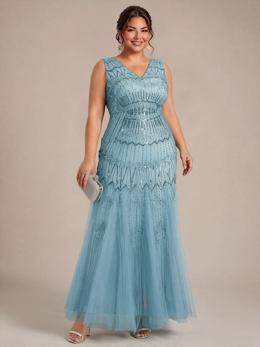 Plus Size Beaded Sequin Sleeveless Maxi Evening Dress #color_Sky Blue