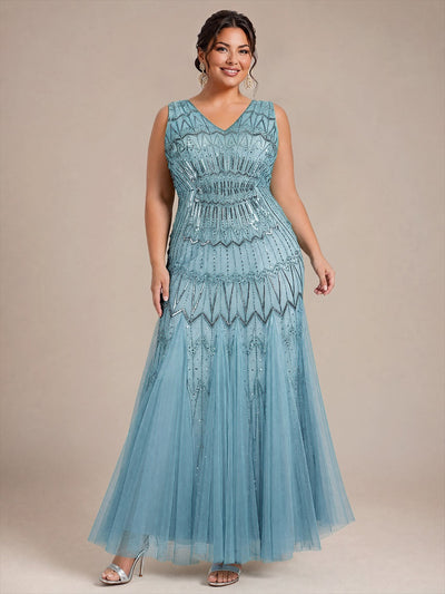 Plus Size Beaded Sequin Sleeveless Maxi Evening Dress